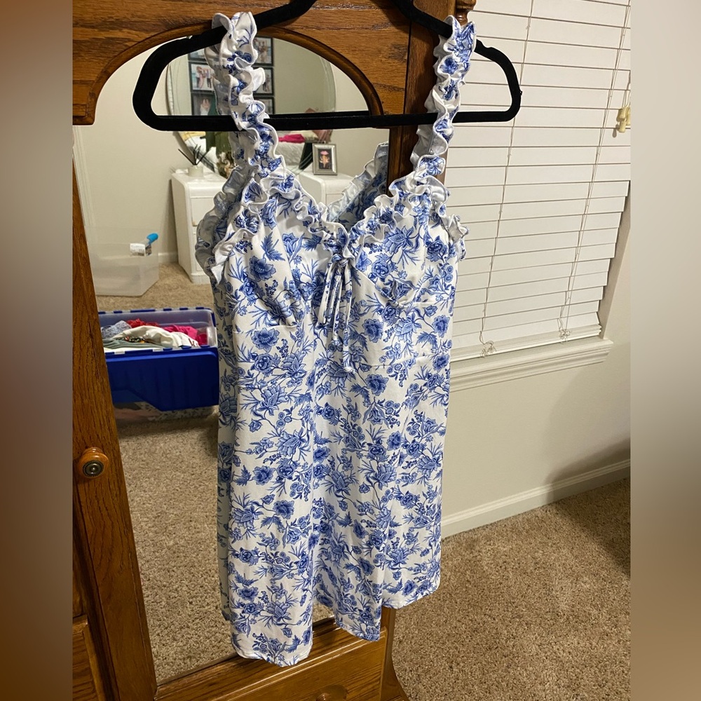 Pink Lily White and Blue Floral Dress with Ruffle Trim